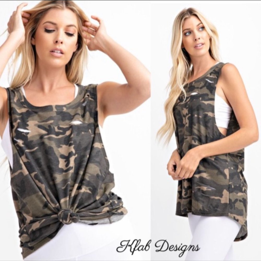 Laser Cut French Terry Camo Sleeveless Top - Picture 6 of 7
